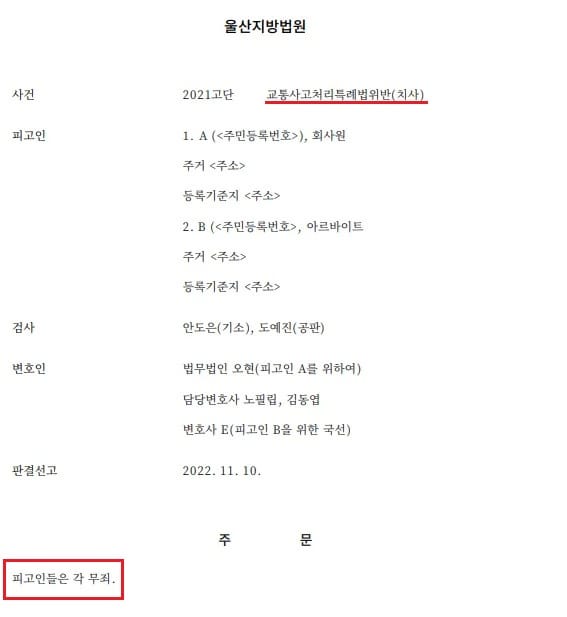 교통사고 사망사건 무죄