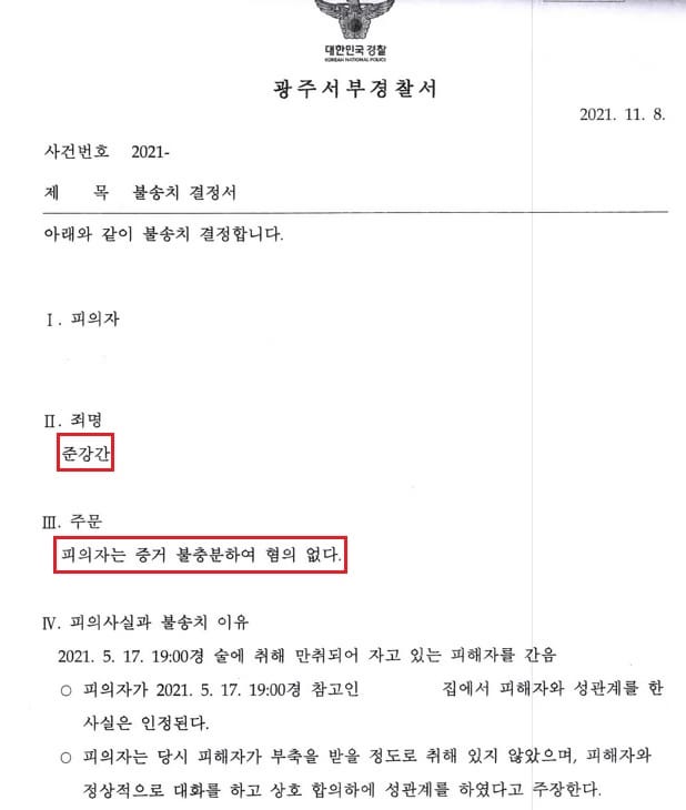 준강간 고소 무혐의