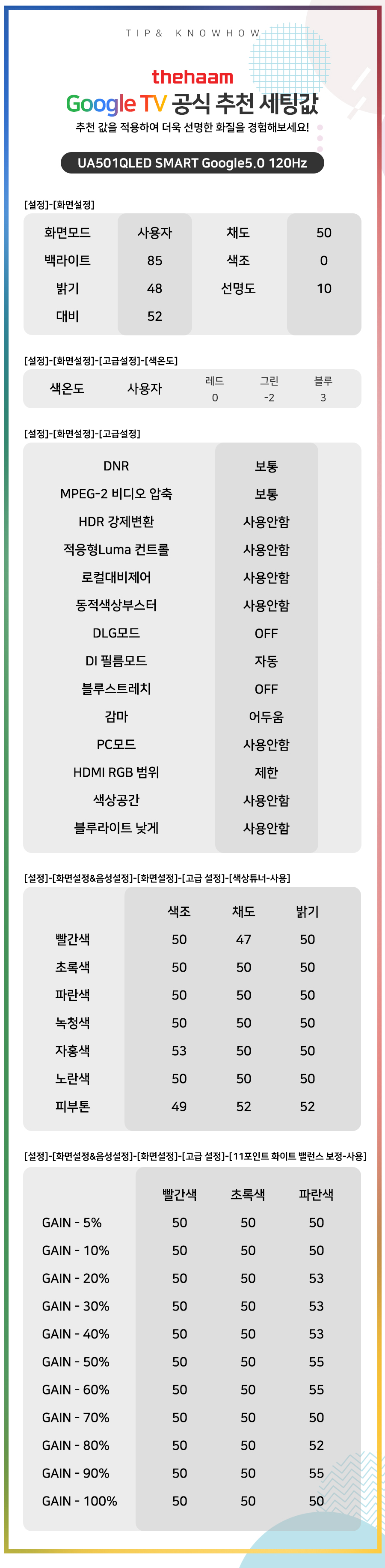 UA501QLED SMART Google5.0 120Hz 추천 세팅값