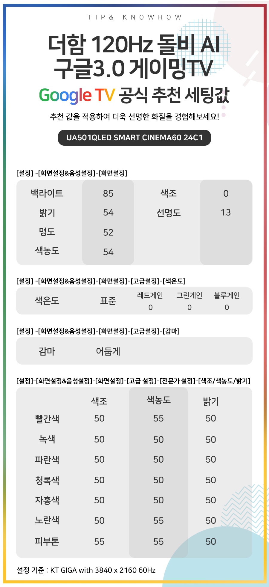 UA501QLED SMART CINEMA60 24C1 추천세팅값