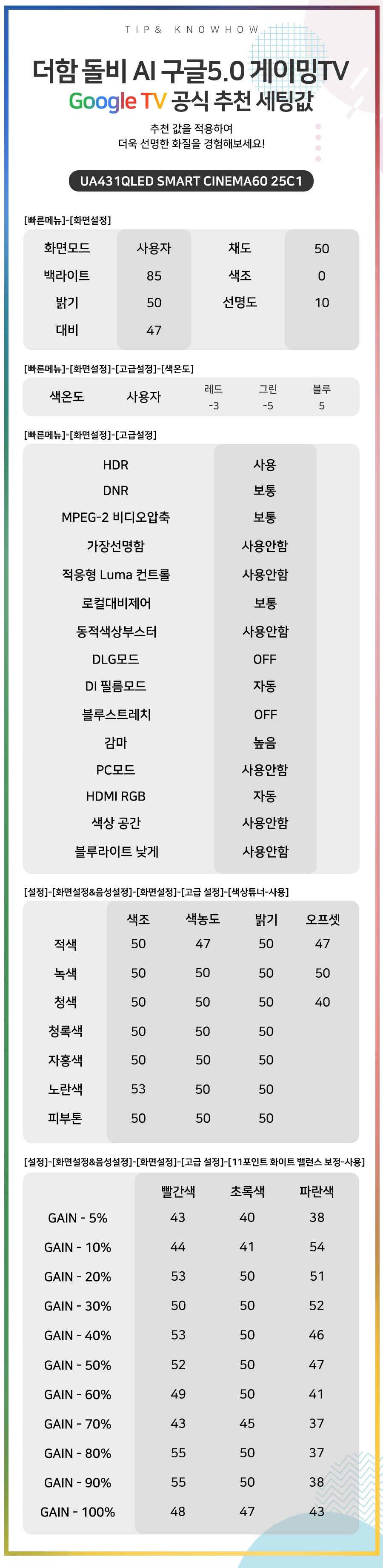 UA431QLED SMART CINEMA60 25C1 추천 세팅값