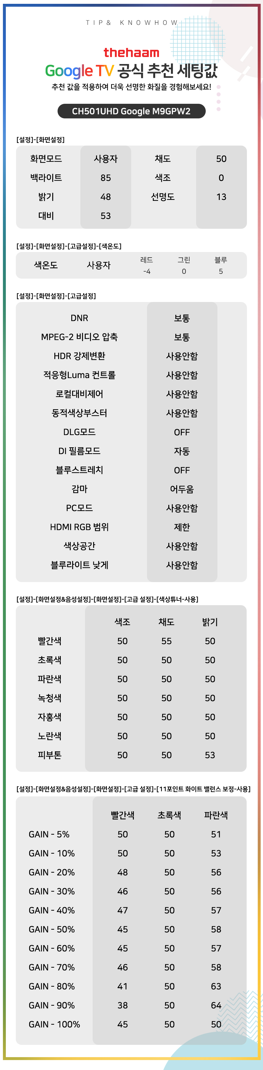 CH501UHD Google M9GPW2 추천 세팅값