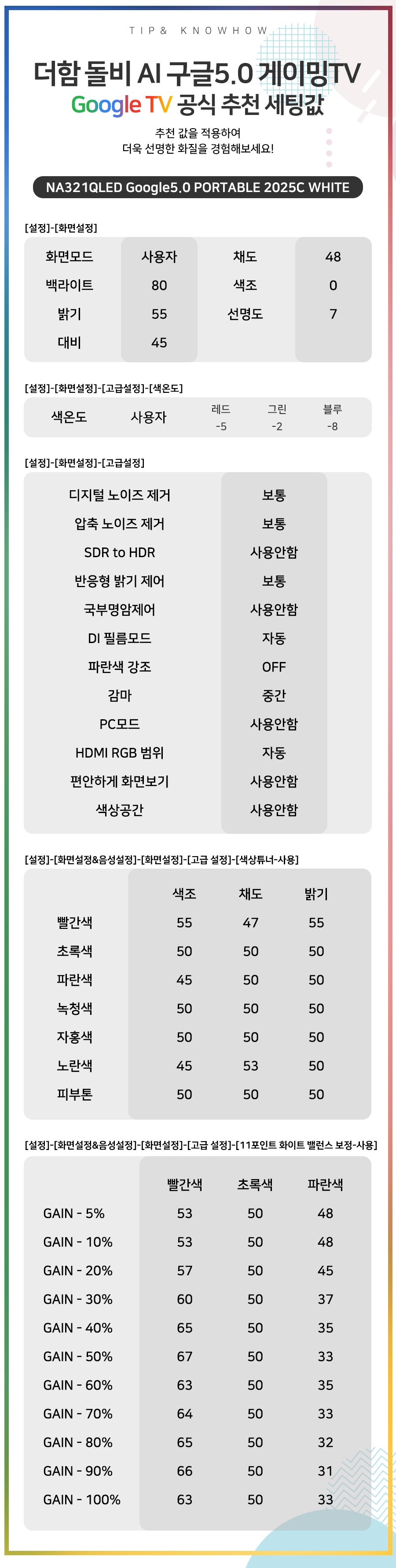 NA321QLED Google5.0 PORTABLE 2025C WHITE 추천 세팅값