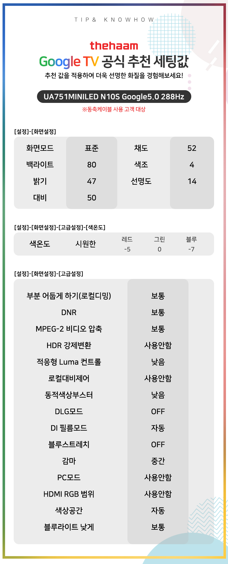 UA751MINILED N10S Google5.0 288Hz (동축케이블)