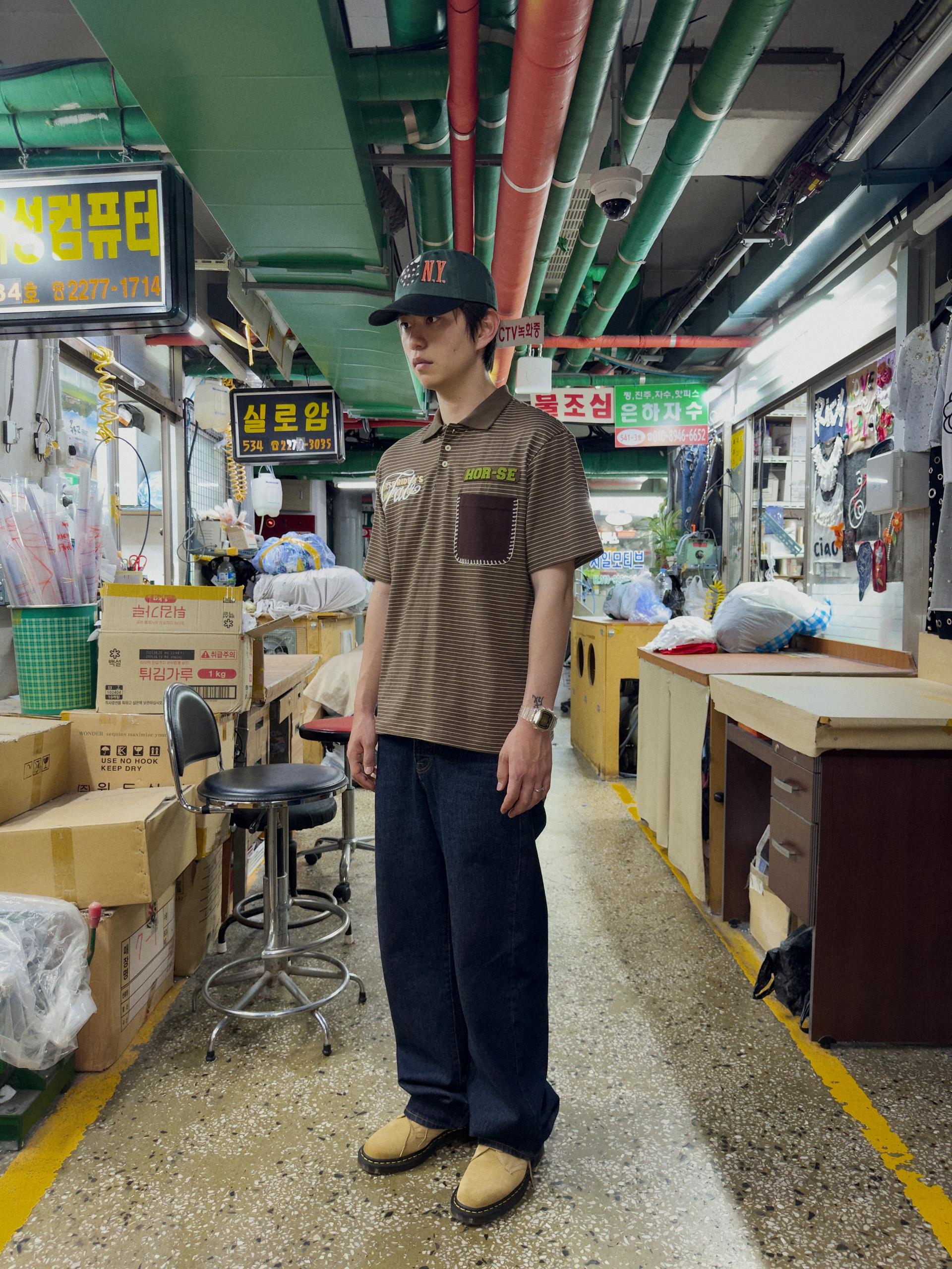 Blanket Stitch Stripe Polo Tee (BROWN)