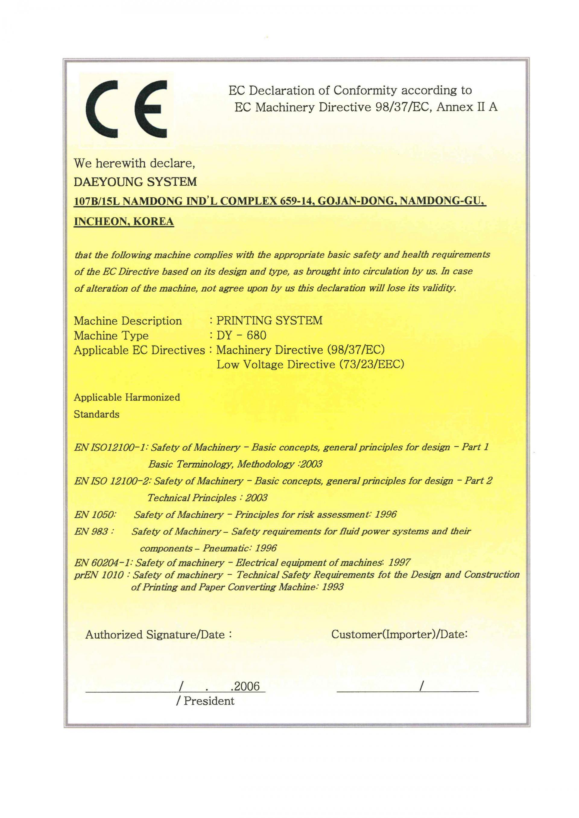 Ce Declaration Of Conformity Dy 680 Dyss Certifications