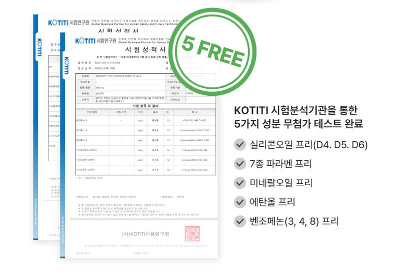 피부자극테스트, 5가지 성분 무첨가 테스트 완료