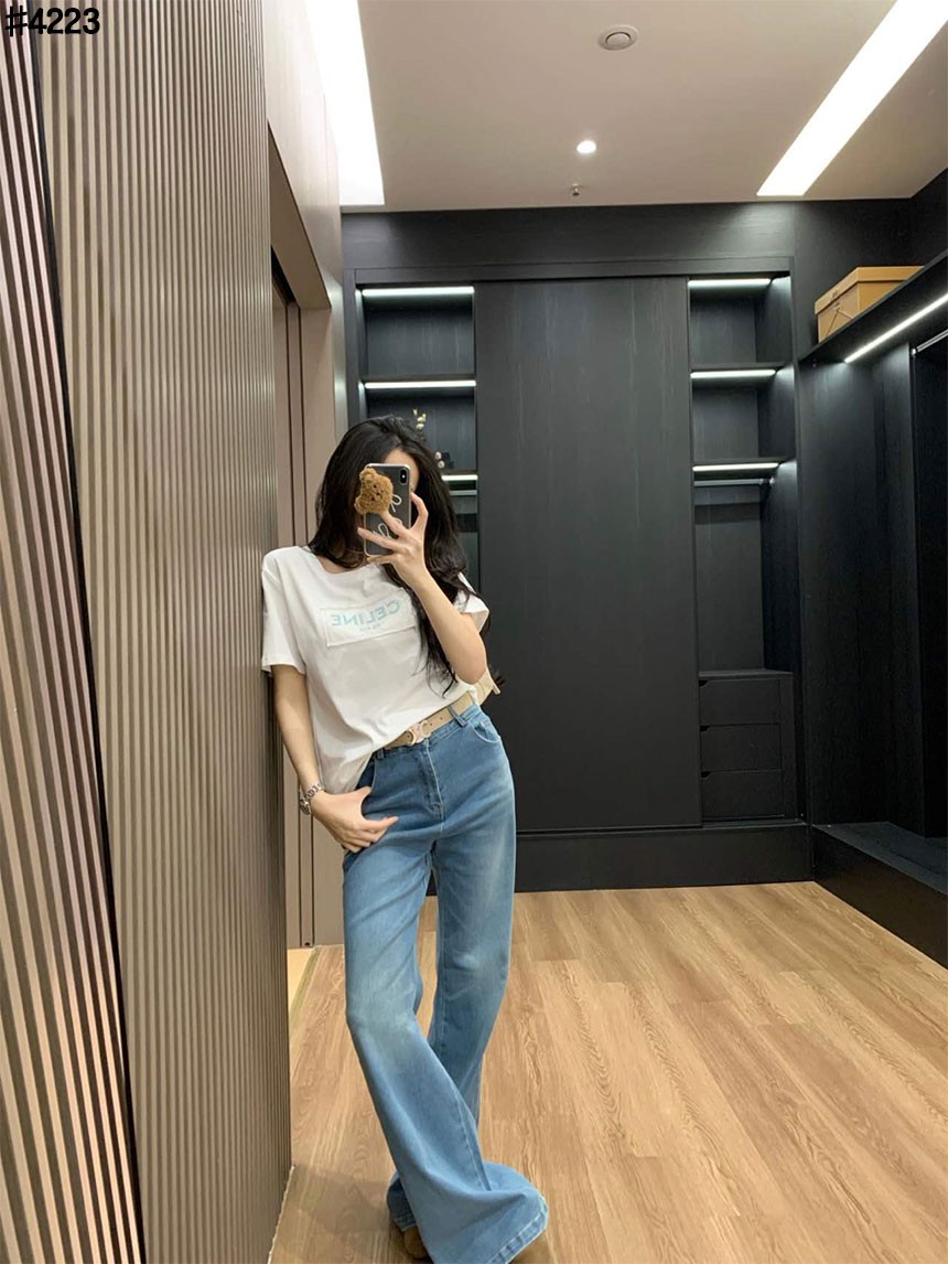 [단순반품ok] C 트리옹프 포켓 로고 워싱 롱 부츠컷 데님 팬츠(금장 레더 벨트 포함)