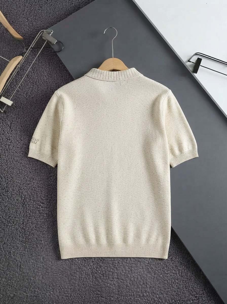 [단순반품ok] 브루넬로쿠치넬리 사각 레더 로고 패치 카라 반팔 니트 2color