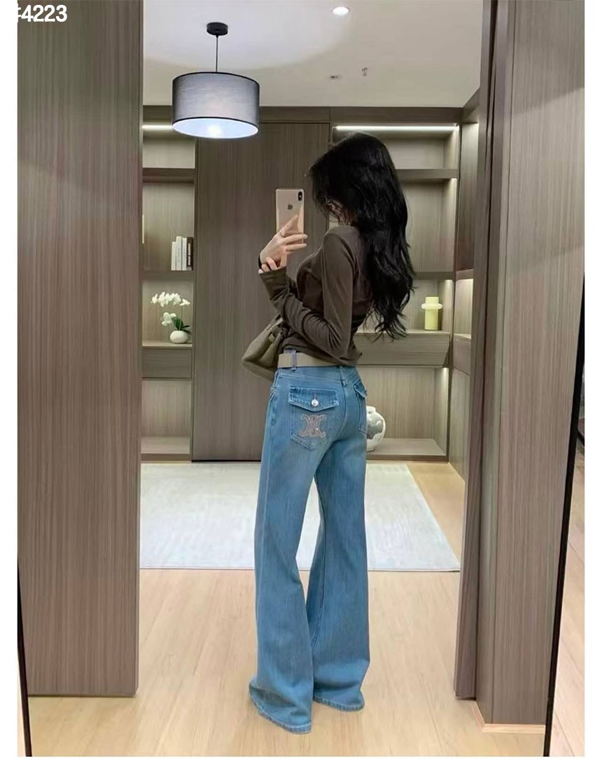 [단순반품ok] C 트리옹프 포켓 로고 워싱 롱 부츠컷 데님 팬츠(금장 레더 벨트 포함)
