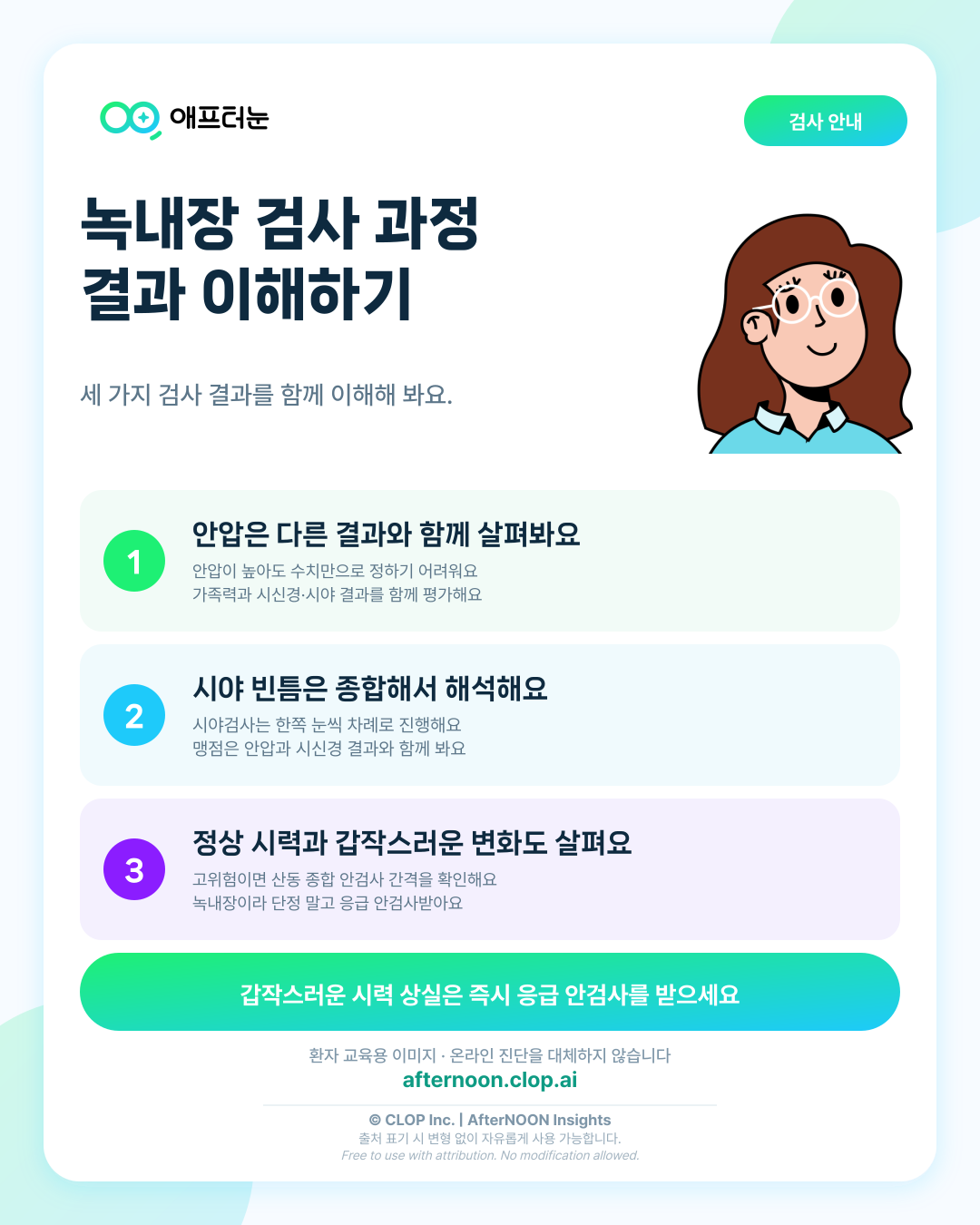 녹내장 검사 과정과 안압·시야·시신경 결과 이해하기 핵심 내용을 요약한 AfterNOON 환자 교육용 인포그래픽
