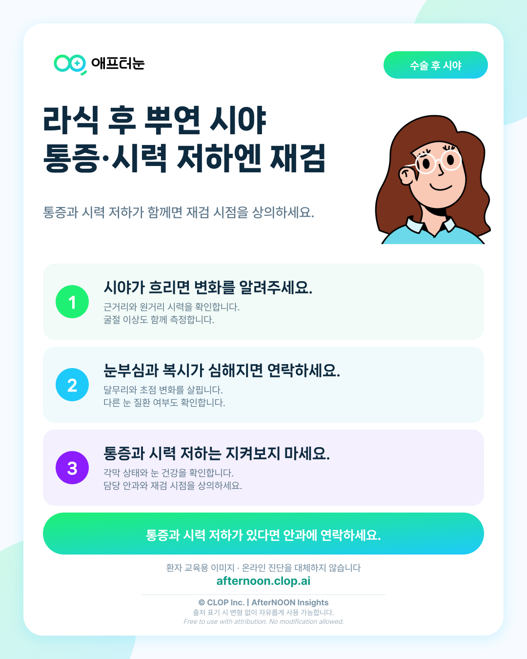 라식 후 뿌연 증상, 통증·시력저하 시 빠르게 재검받기 핵심 내용을 요약한 AfterNOON 환자 교육용 인포그래픽