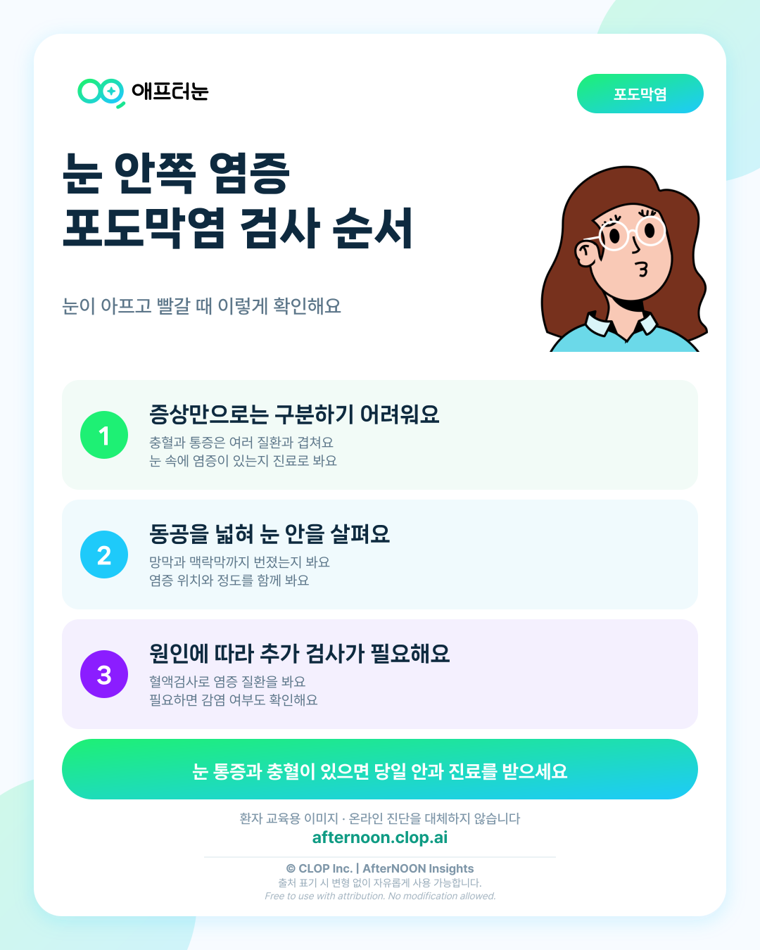 포도막염 개요: 의심되면 어떤 안과 검사가 필요할까 핵심 내용을 요약한 AfterNOON 환자 교육용 인포그래픽