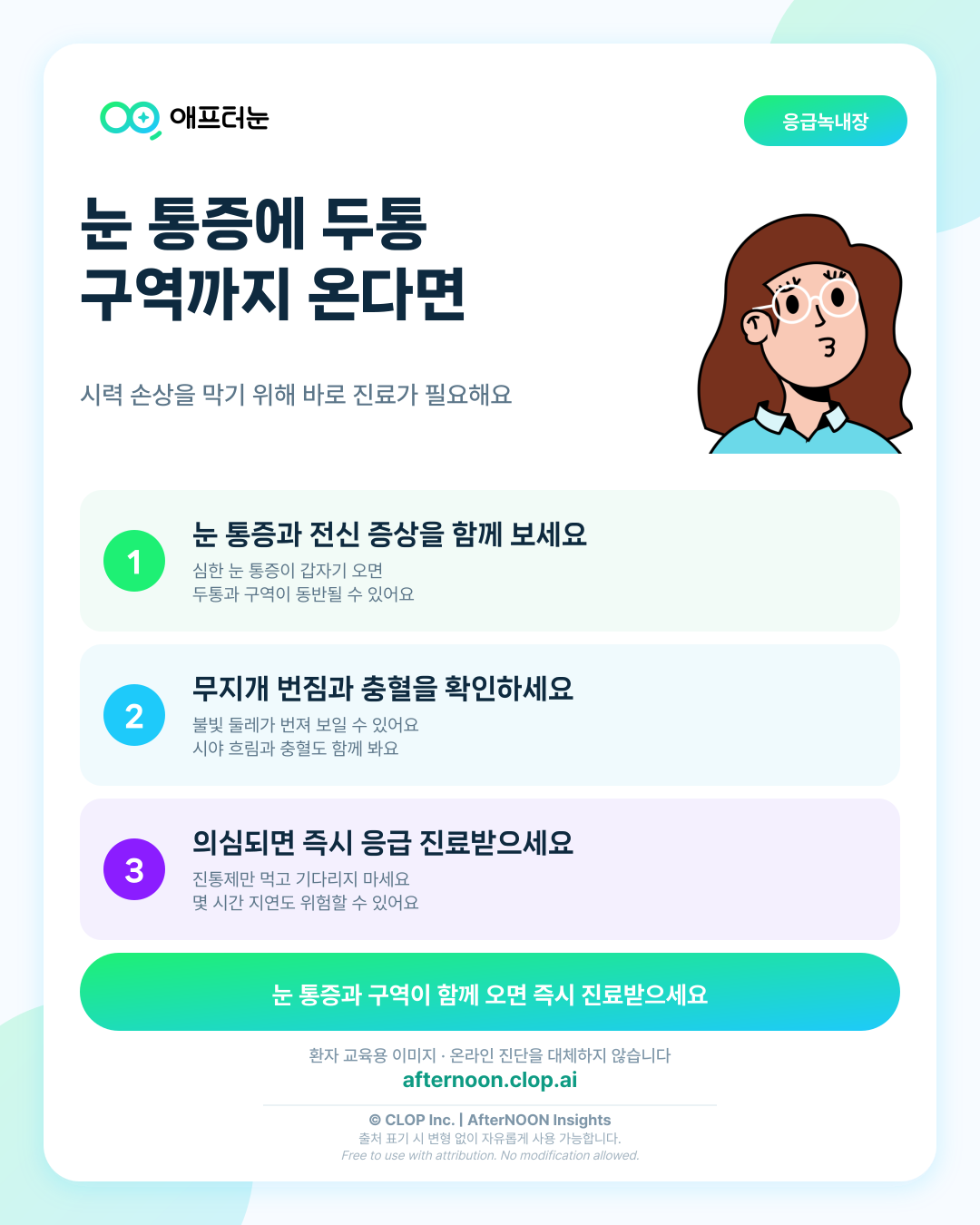 눈 통증에 두통·구역까지 함께 온다면? 급성 폐쇄각녹내장 응급 신호 핵심 내용을 요약한 AfterNOON 환자 교육용 인포그래픽