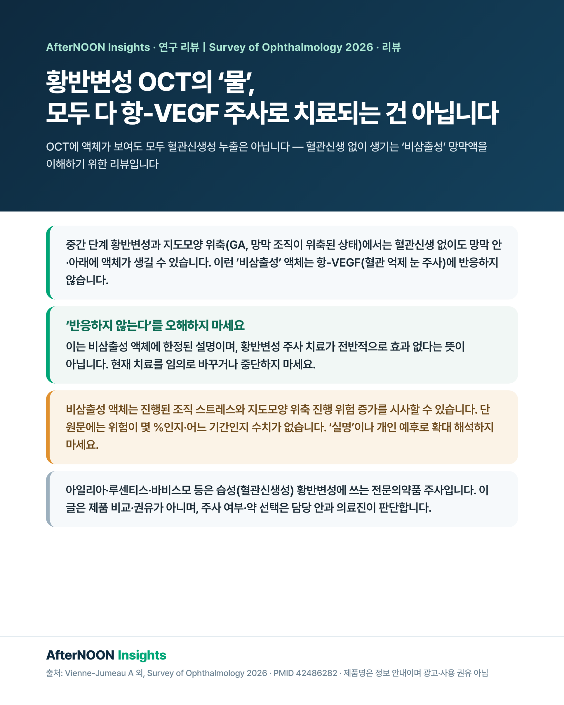 황반변성 OCT에서 혈관신생성 누출과 비삼출성 망막액을 구분해 설명하는 개념도