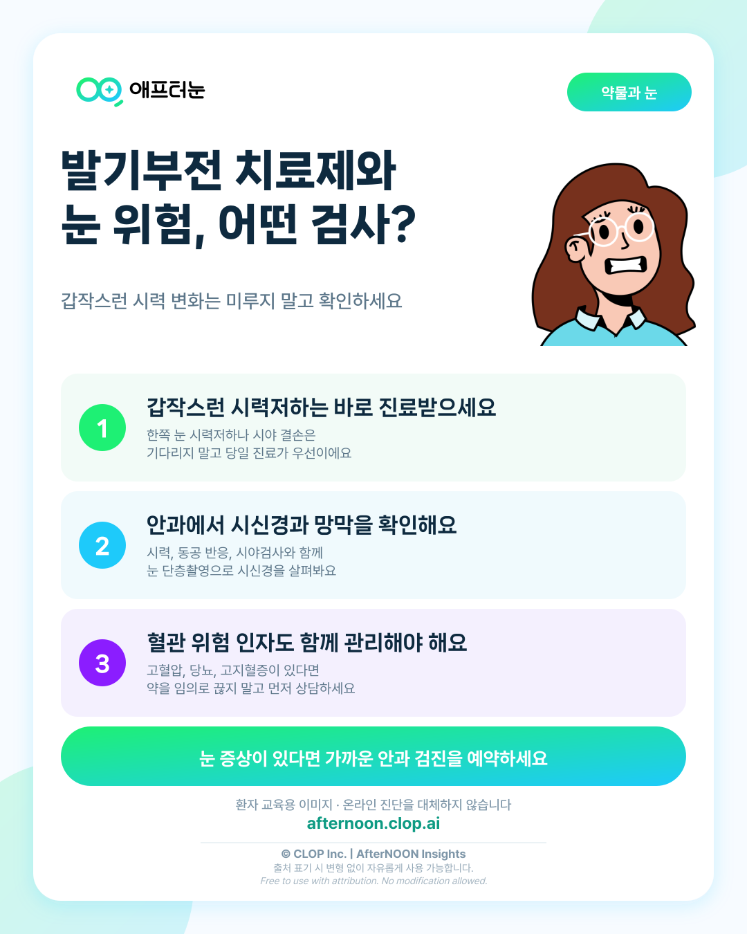 PDE5 억제제와 눈 위험이 의심되면 어떤 안과 검사가 필요할까 핵심 내용을 요약한 AfterNOON 환자 교육용 인포그래픽