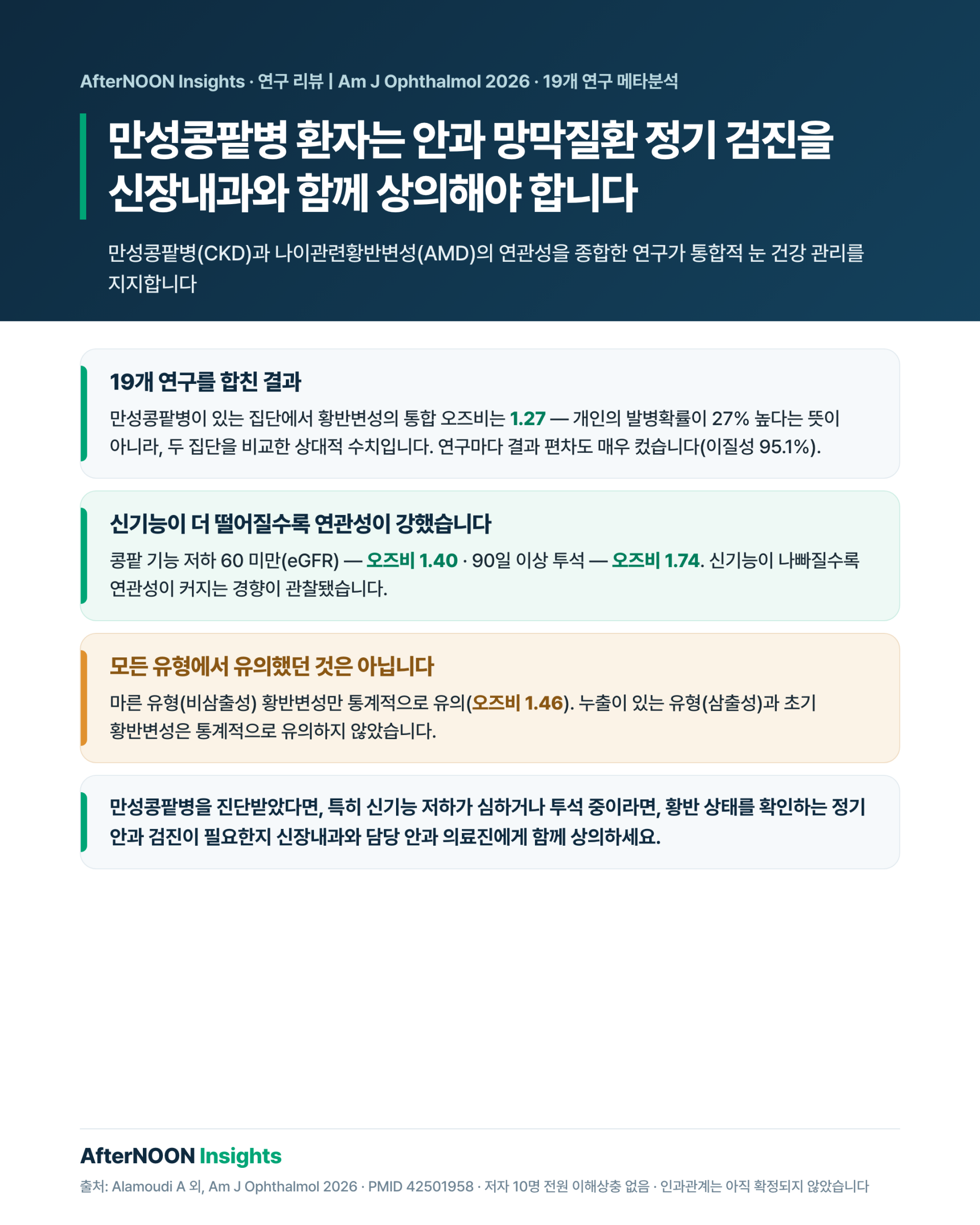 만성콩팥병 환자가 신장내과와 안과에서 안과 망막질환 정기 검진을 상의하는 모습을 표현한 의료 일러스트