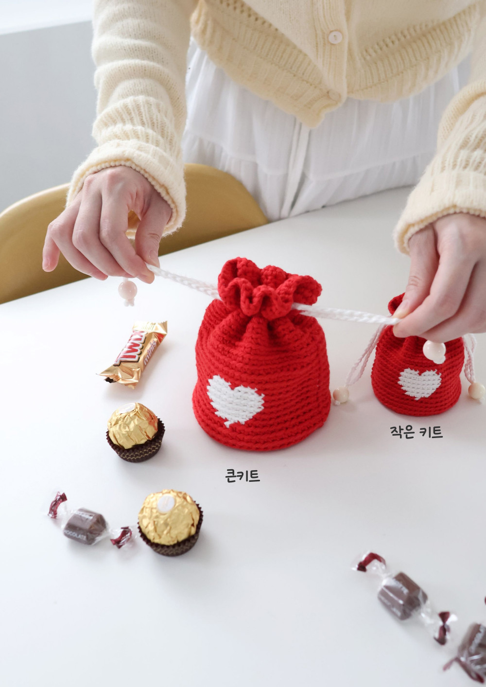 [바이브리 DIY KIT] 하트 파우치 하트 미니파우치 뜨개 뜨개질 코바늘 선물포장 파우치 키트 패키지