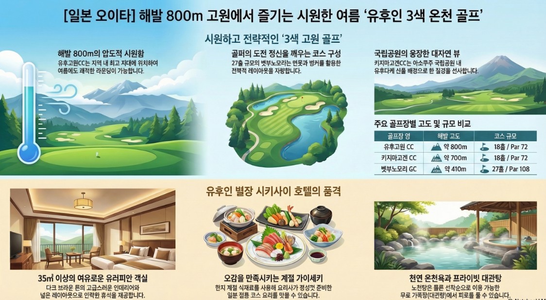 항공별도상품 ★여름특선 고원3색골프 ★ 후쿠오카 유후인3색 온천골프 2박3일 930,000원~