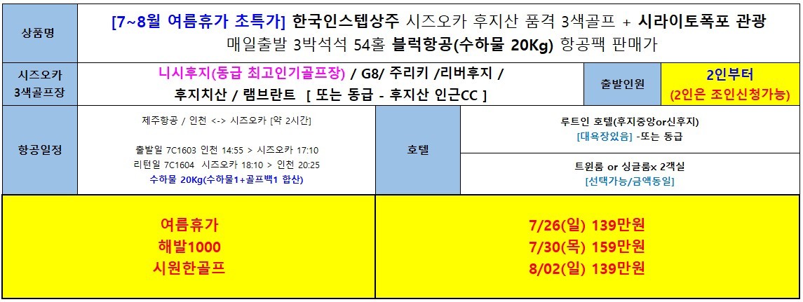 🥁여름휴가시즌 선착순 초특가! ⛳️시즈오카 3색골프+관광포함 3박4일 1,390,000원 2인가능