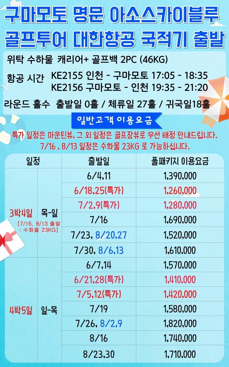 ⛳️일본 구마모토 아소스카이블루CC 해발90M 인천출발 3박4일 1,065,000원~ ✅김해출발 995,000원~