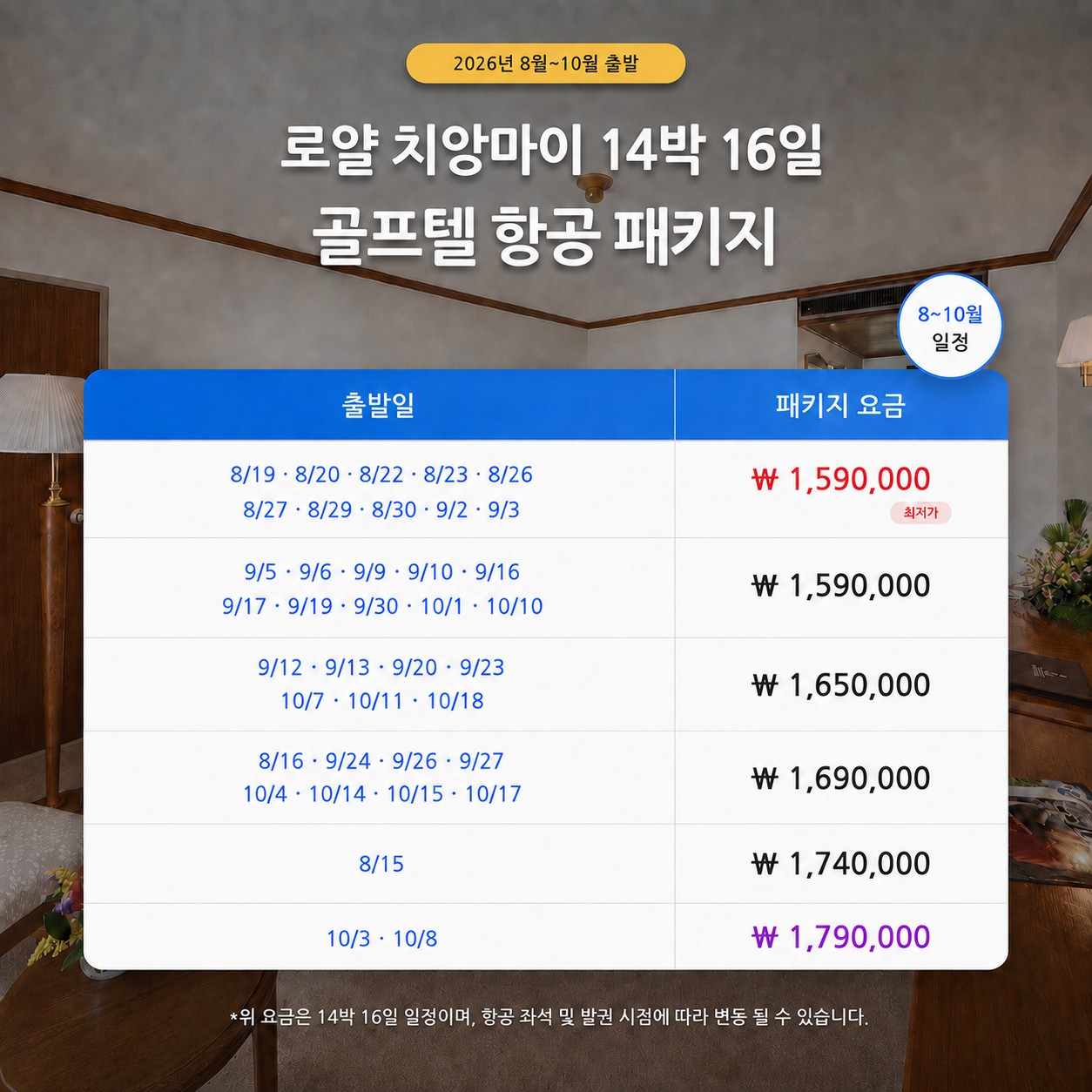 ✈️태국 치앙마이 🌴로얄 치앙마이 골프 리조트 🌴7박9일 999,000원~ 14박16일 1,590,000원~ 팁+송영외 올포함