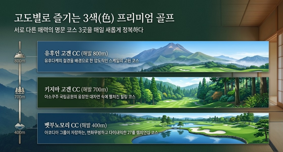항공별도상품 ★여름특선 고원3색골프 ★ 후쿠오카 유후인3색 온천골프 2박3일 930,000원~