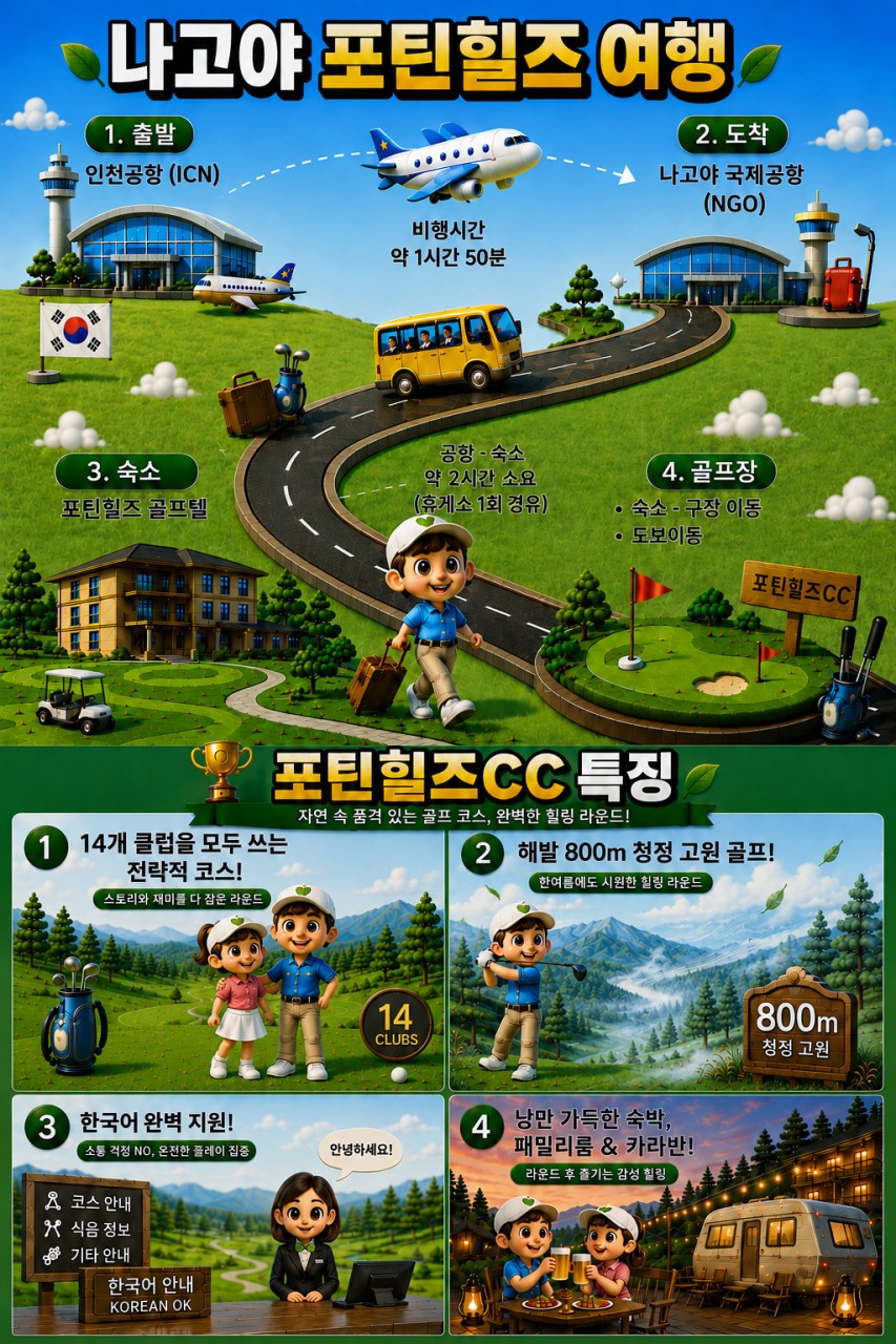 🍃 [나고야]해발800M 피톤치드 가득! 숲이 선물하는 힐링 골프✈️포틴힐즈CC 3박4일 1,190,000원~ 4박5일 1,290,000원🍃7박8일 1,790,000원