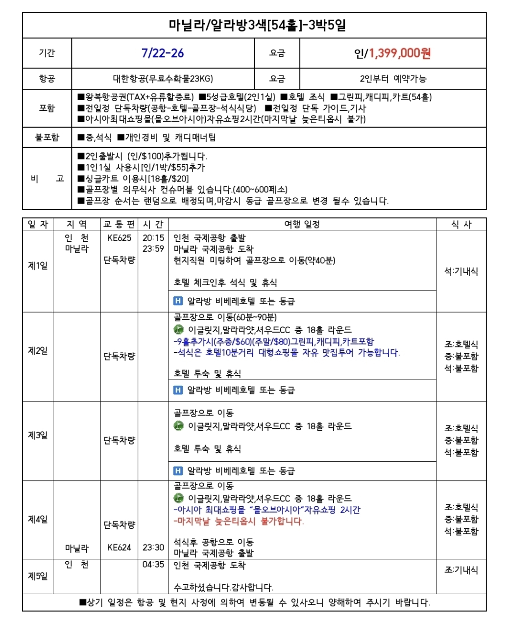 🏌️‍♂️마닐라 최고의 부촌 '알라방'⛳품격골프 3박5일 1,390,000원 대한항공+5성호텔 ✅ 중석식외 올포함