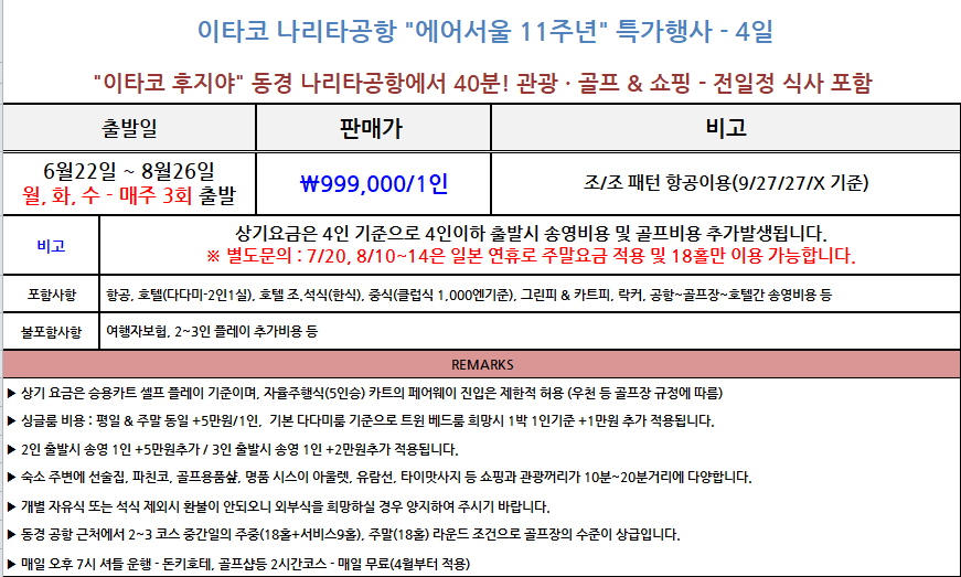 6~8월 🌸동경 이타코 3색골프 초~특가 🌸3박4일( 9+27+27+0홀) 999,000원 올포함에어서울