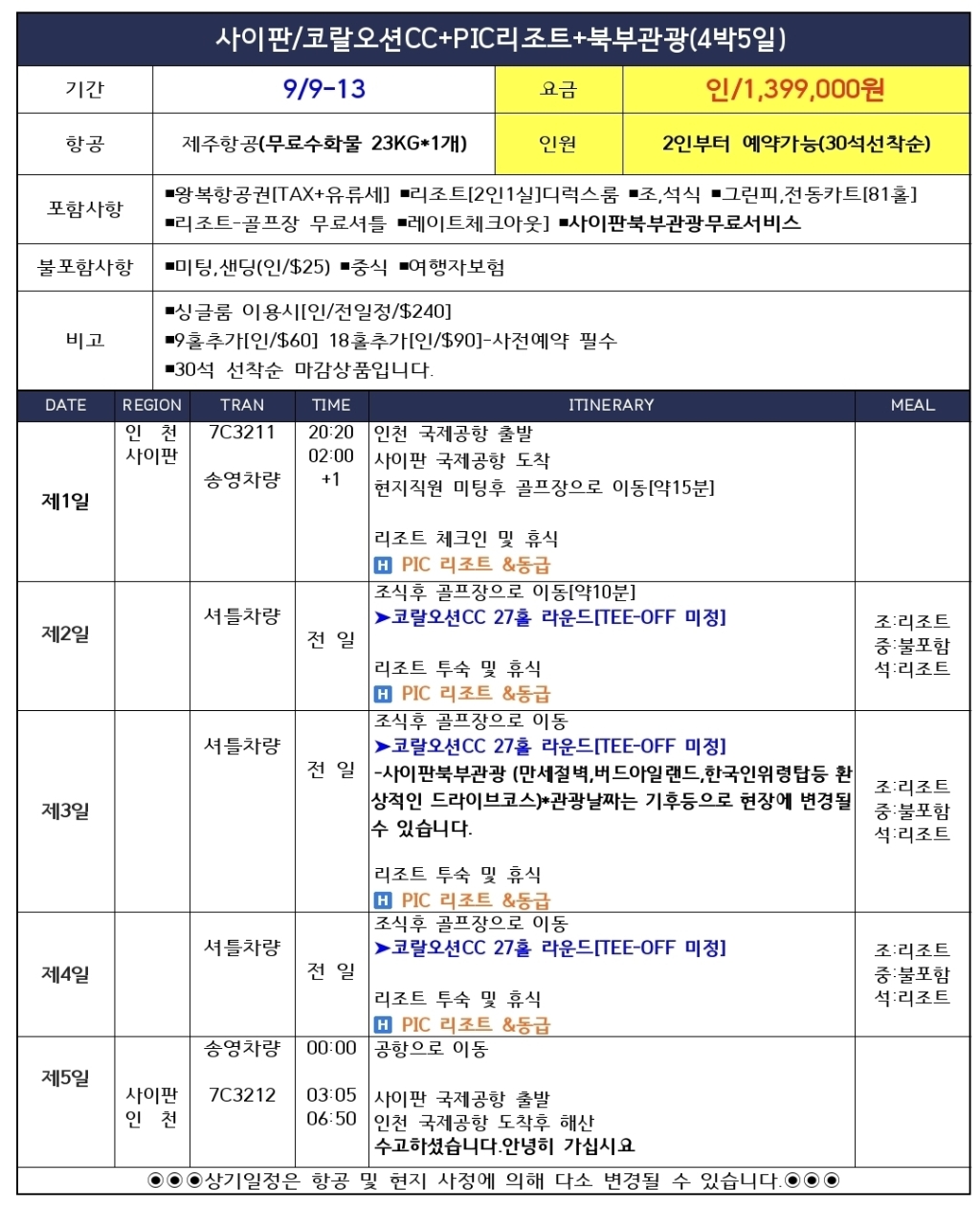 9/9일~3박 🏝️사이판골프축제 30명선착순🏝️ 사이판 코랄오션CC 81홀 3박5일 1,399,000원 2인가능