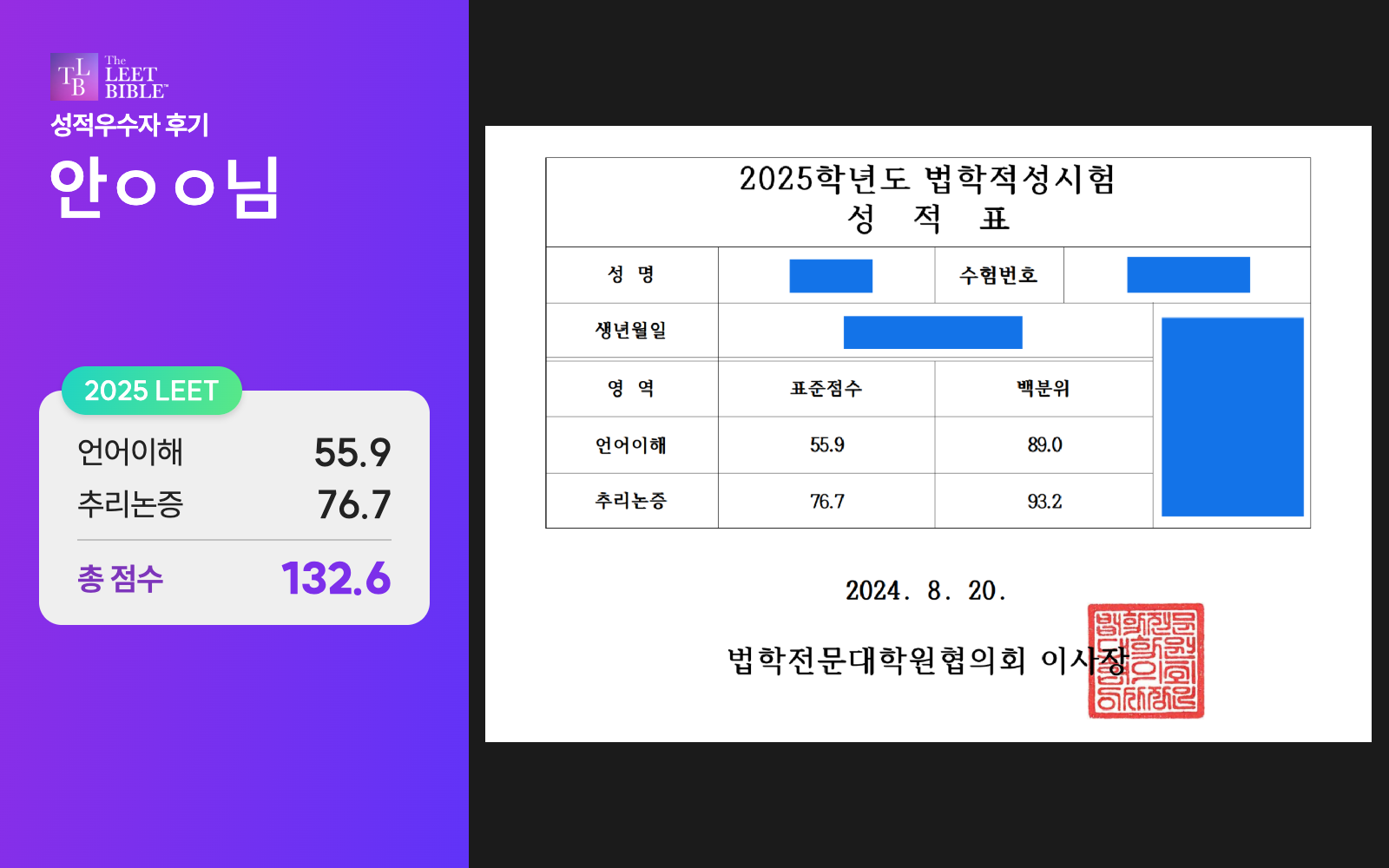 2025 LEET 안ㅇㅇ님 성적표: 언어이해 55.9점, 추리논증 76.7점, 총합 132.6점