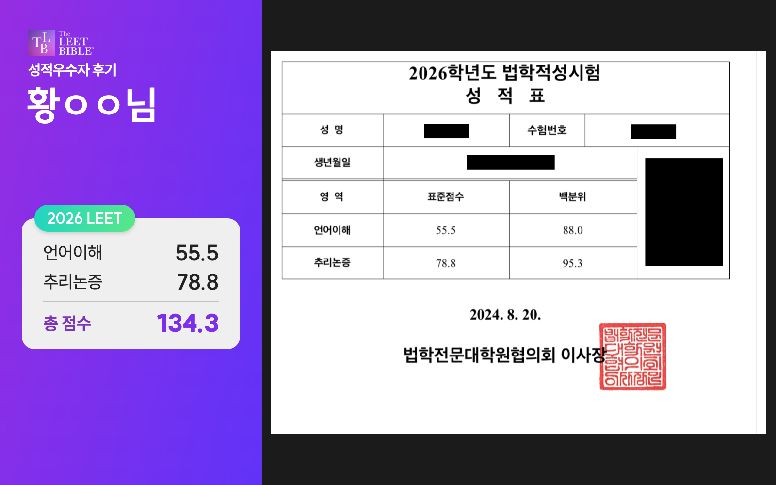 2026 LEET 황ㅇㅇ님 성적표: 언어이해 55.5점, 추리논증 78.8점, 총합 134.3점