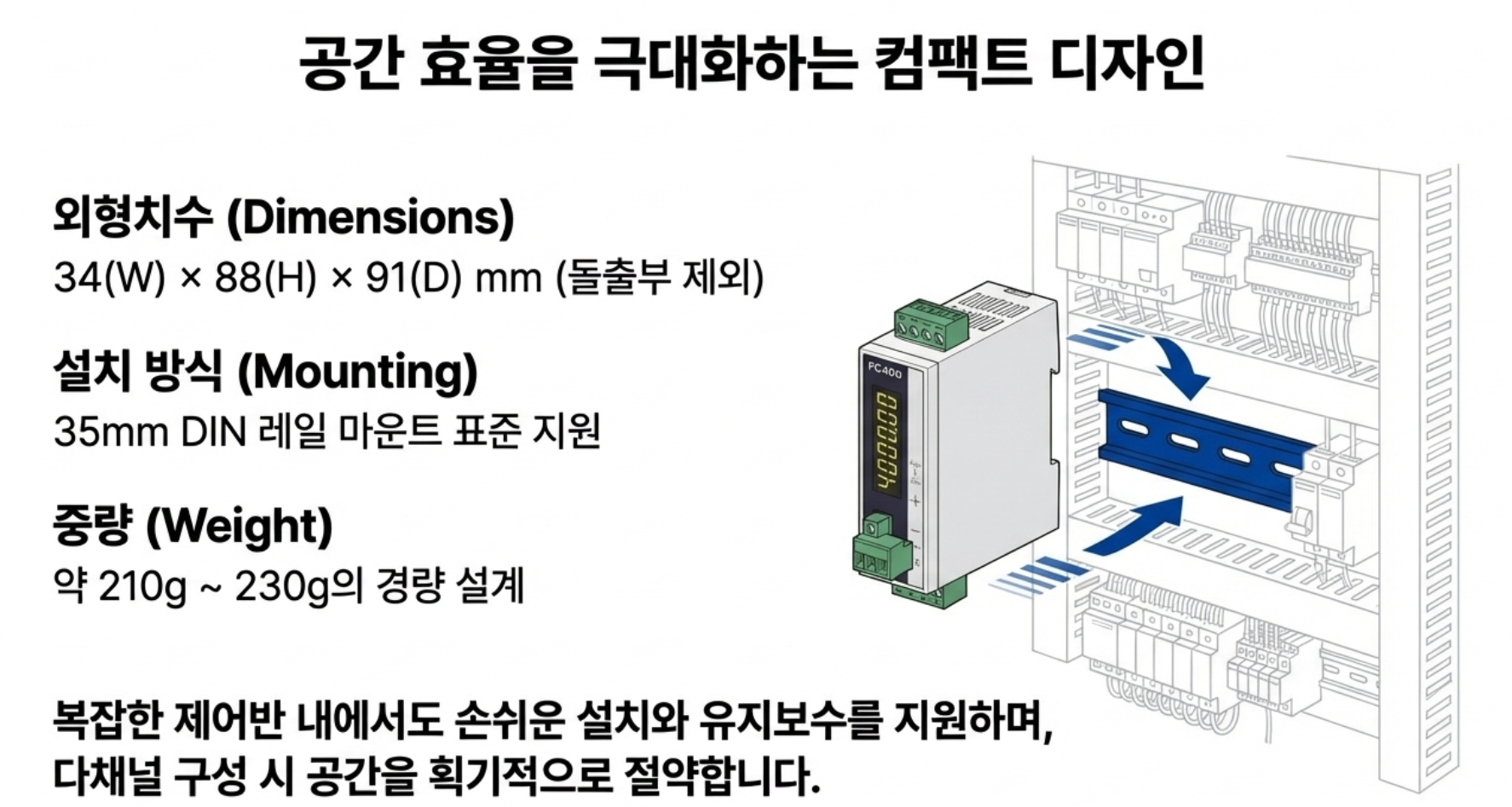 FC400 컴팩트 사이즈 및 DIN 레일 설치 예시