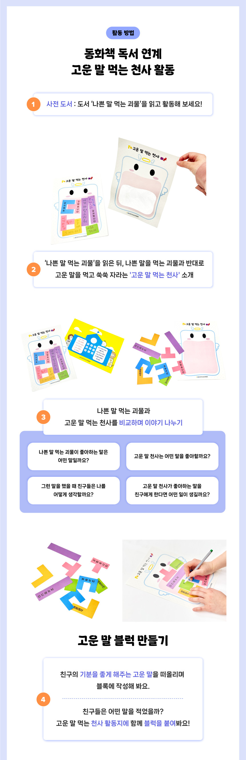 고운 말 먹는 천사 활동 방법 이미지, 나쁜 말 먹는 괴물 독후활동과 연계하여 고운 말 블록을 활용해 바른 말 습관과 친구 배려를 배우는 사회정서학습 활동
