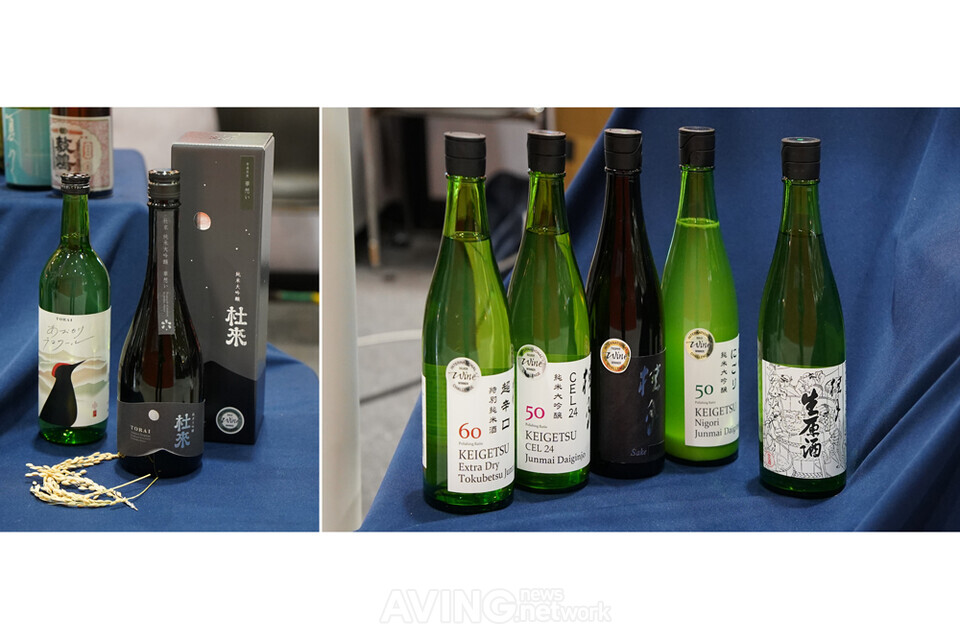 록카주조(六花酒造)의 토라이(왼쪽) 및 토사주조(土佐酒造)의 케이게츠(오른쪽) 사케 제품군 | 촬영 - 에이빙뉴스