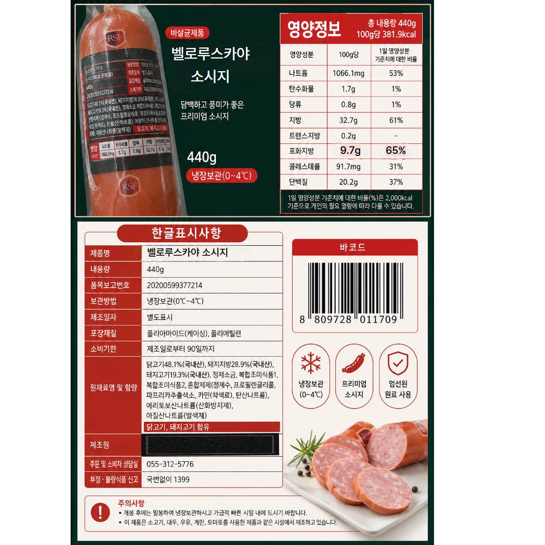 [011709] 로얄푸드 벨로루스카야 소시지 440g