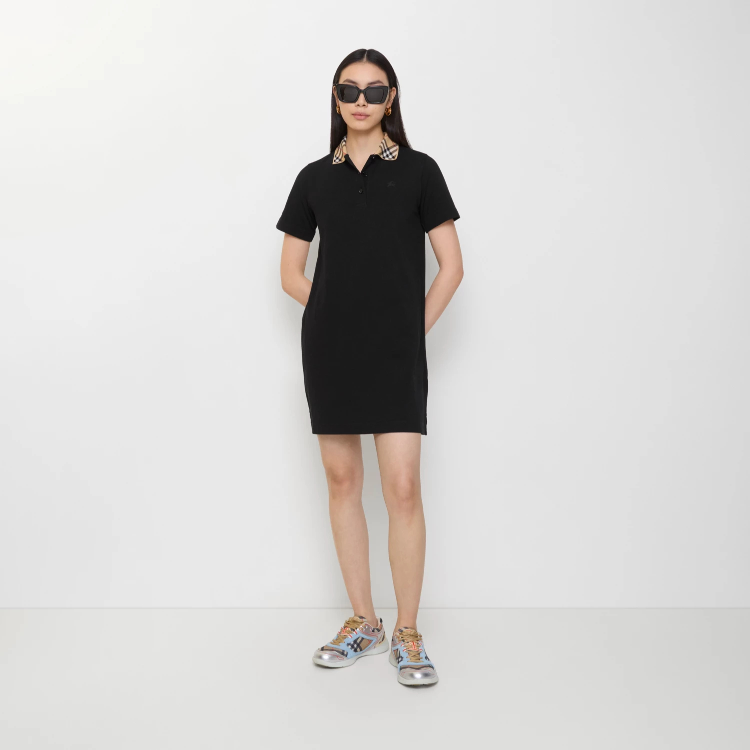 (W) 버버리 체크 칼라 코튼 폴로셔츠 드레스 color (베이지) (블랙)