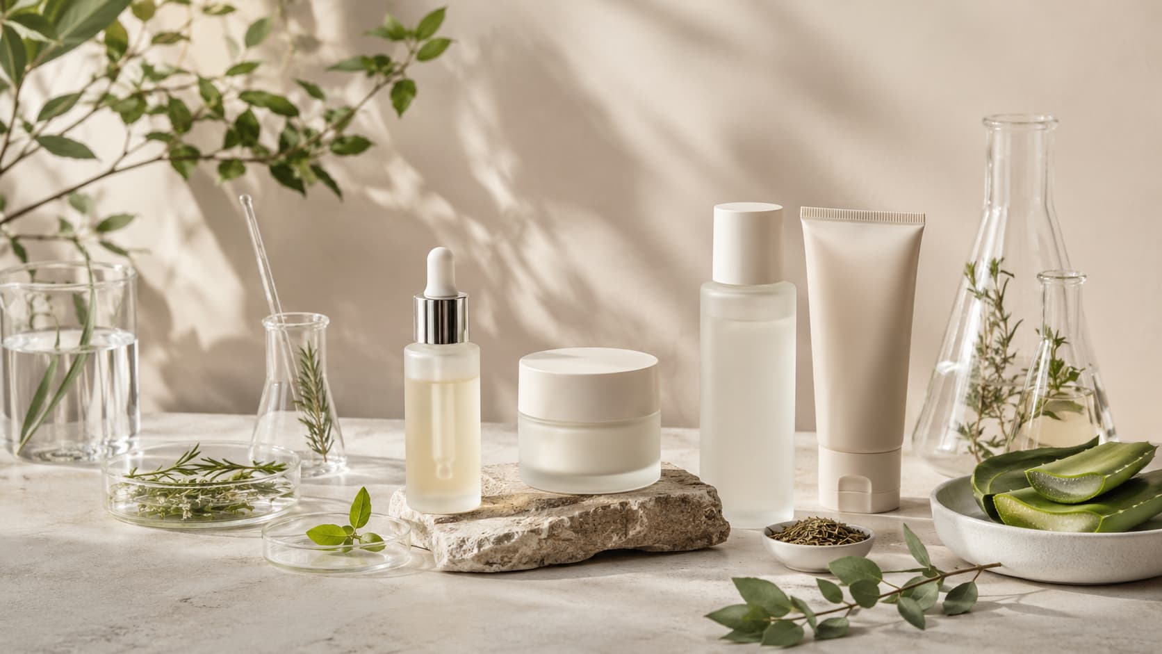Natural cosmetic manufacturer Korea image featuring botanical skincare product development with serum, cream, toner, and tube packaging alongside aloe vera, herbs, plant extracts, and laboratory glassware, representing Korean natural cosmetics, clean beauty formulation, and natural skincare manufacturing.