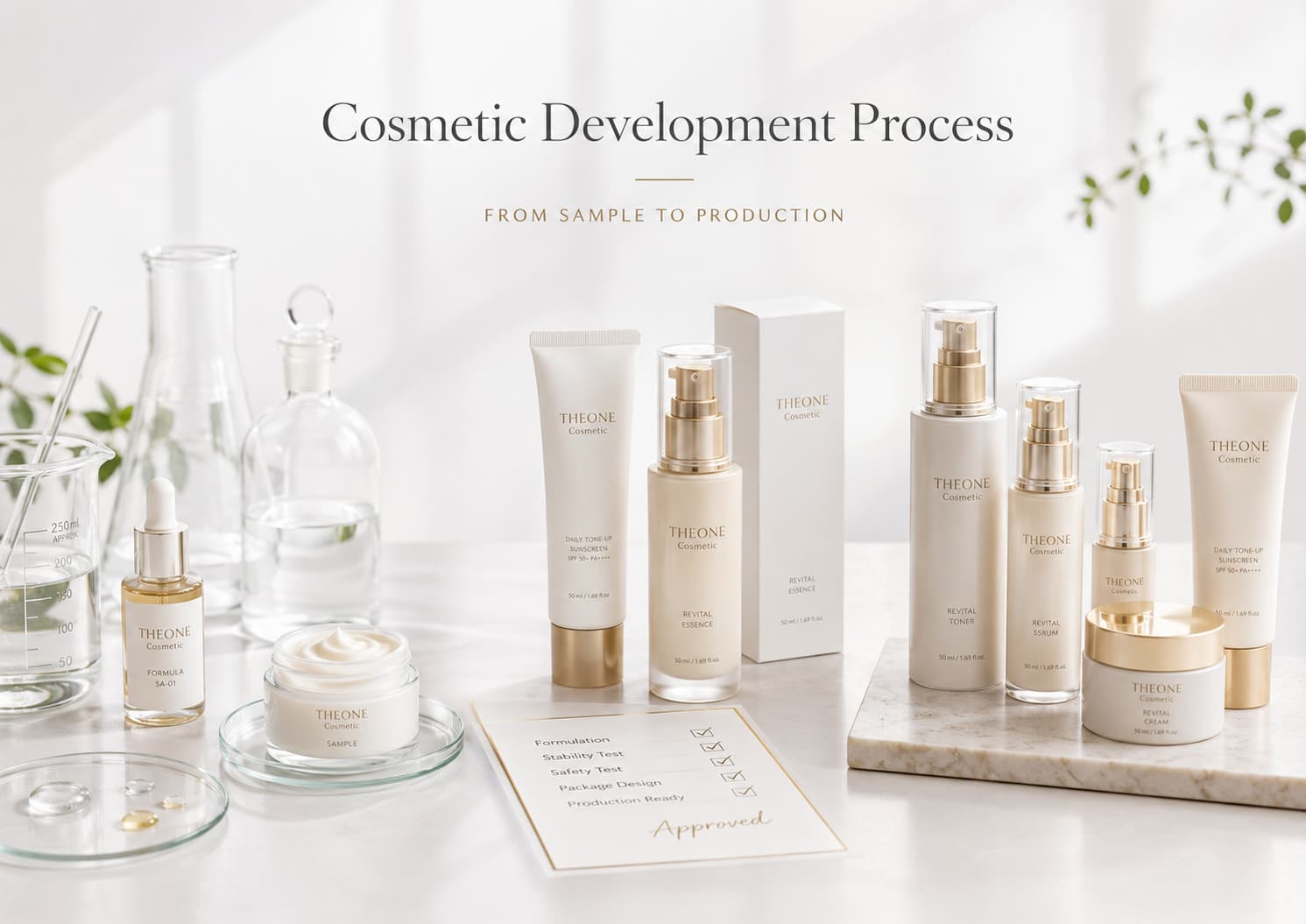 Private label cosmetics manufacturing in Korea by THEONE Cosmetic, from formula development and sample testing to custom packaging and finished skincare production