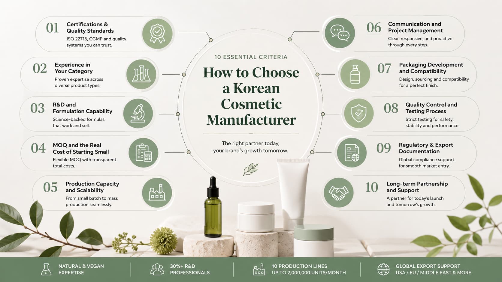 How to choose a Korean cosmetic manufacturer infographic showing 10 essential criteria for selecting a Korean cosmetic OEM/ODM manufacturer, including ISO 22716 and CGMP certifications, product category experience, R&D capability, low MOQ, packaging compatibility, quality control, export documentation, communication, cost transparency, and scalable production for private label skincare and K-Beauty brands.