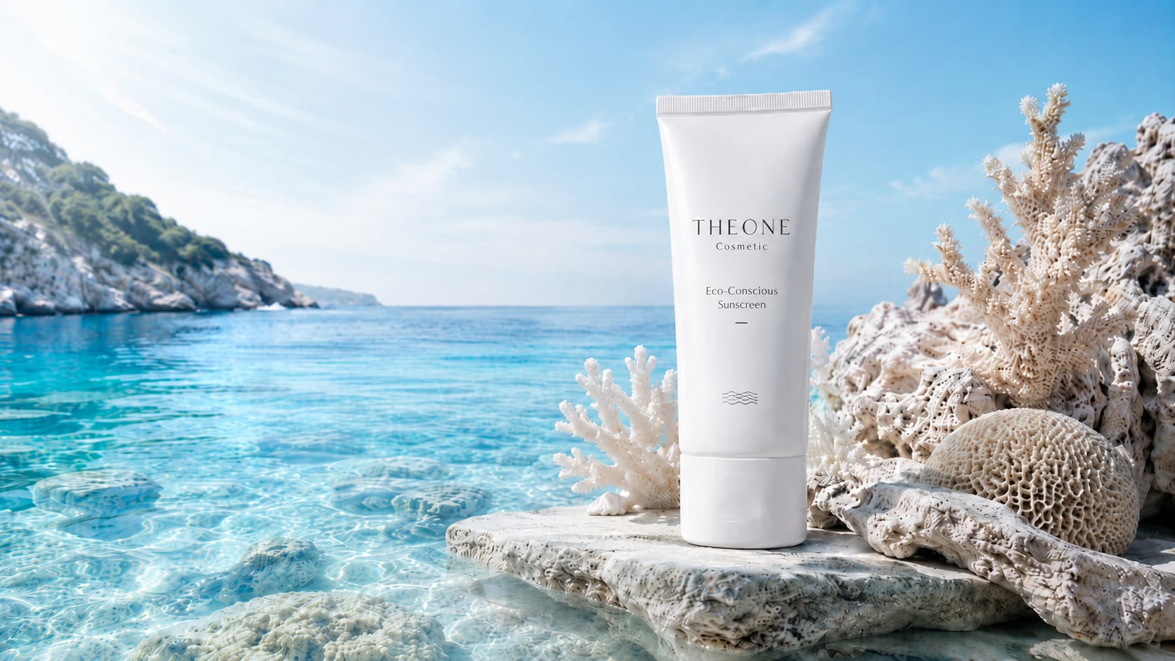 BASF EcoSun Pass-certified sunscreen developed by Korean sunscreen OEM manufacturer THEONE Cosmetic, displayed beside clear seawater and coral