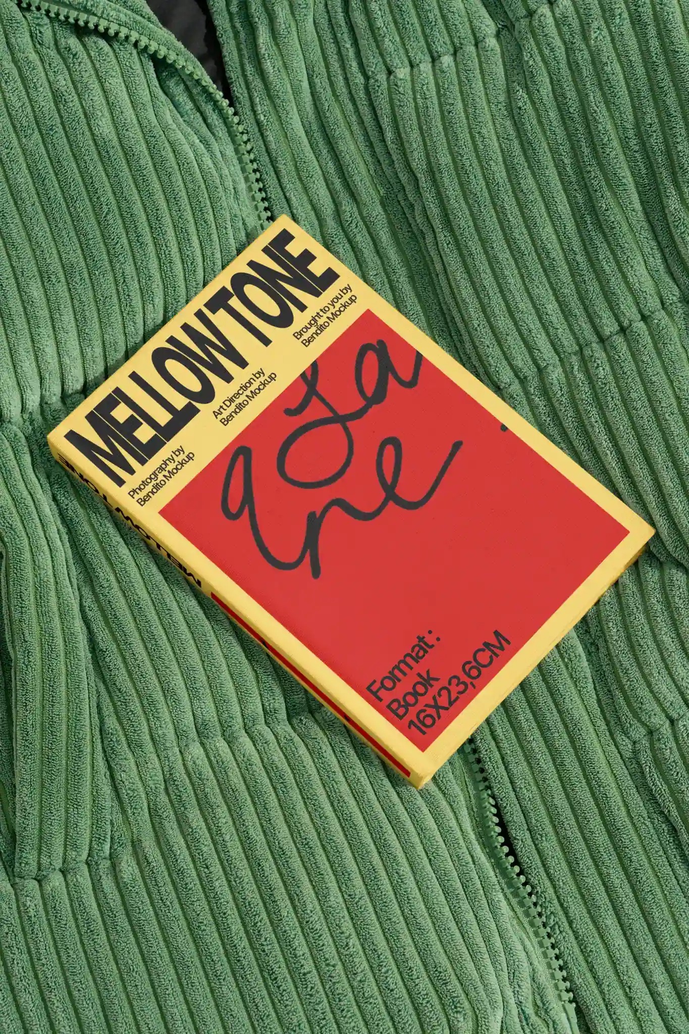 book mockup on a green coat