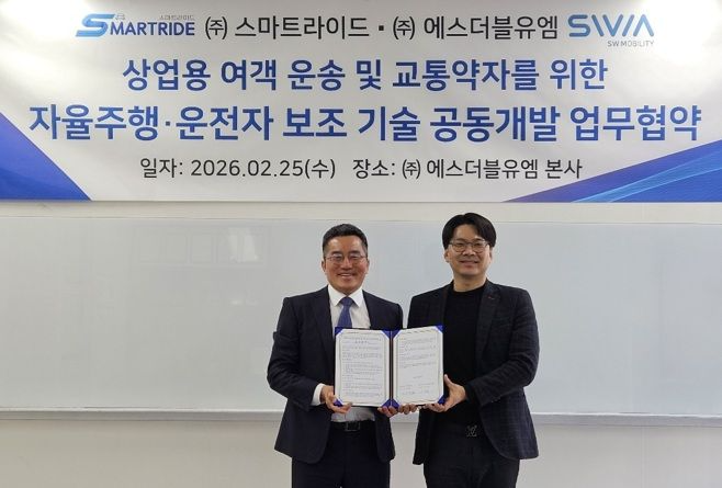 SWM 김기혁 대표(왼쪽)가 스마트라이드 이우영 대표와 협약을 체결한 뒤 기념 촬영을 하고 있다. SWM 제공