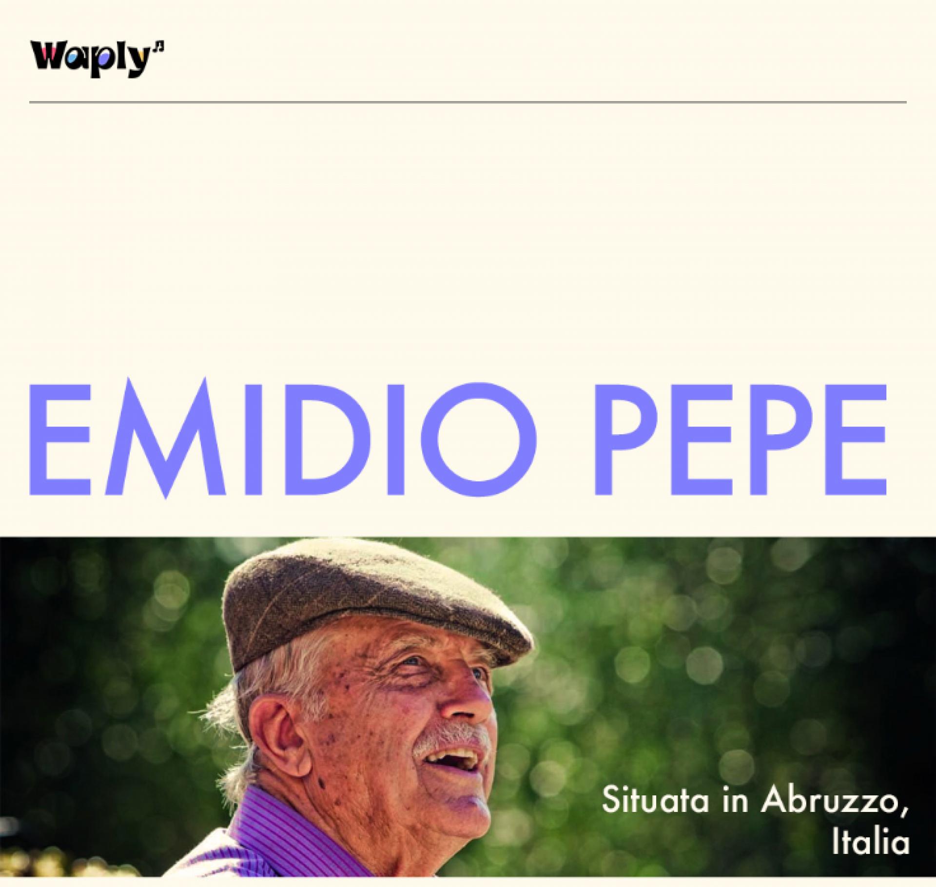 Waply 브랜드 로고가 상단에 있고, 그 아래 'EMIDIO PEPE'라는 큰 파란 글씨로 이름이 적힌 이미지입니다. 로고와 이름 아래에는 나이 든 남성이 밝게 웃으며 눈을 반짝이고 있는 모습이 포착되었습니다. 남성은 전통적인 플랫 캡을 쓰고 있으며, 푸른 자연 속에서 무언가를 바라보는 흥미진진한 표정을 짓고 있습니다. 이미지 하단에는 'Situata in Abruzzo, Italia'라는 텍스트가 추가되어, 이 장면이 이탈리아 아브루초 지역에서 촬영되었음을 나타냅니다.