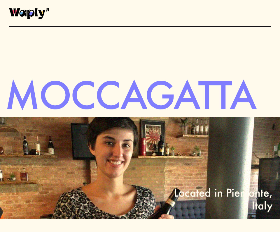 MOCCAGATTA 와이너리 홍보 이미지 - 상단에 'MOCCAGATTA' 텍스트, 하단에는 와인을 들고 있는 여성의 사진과 'Located in Piemonte, Italy' 문구가 있으며, 배경에는 와인병과 벽돌 벽이 있는 실내 공간이 보입니다.