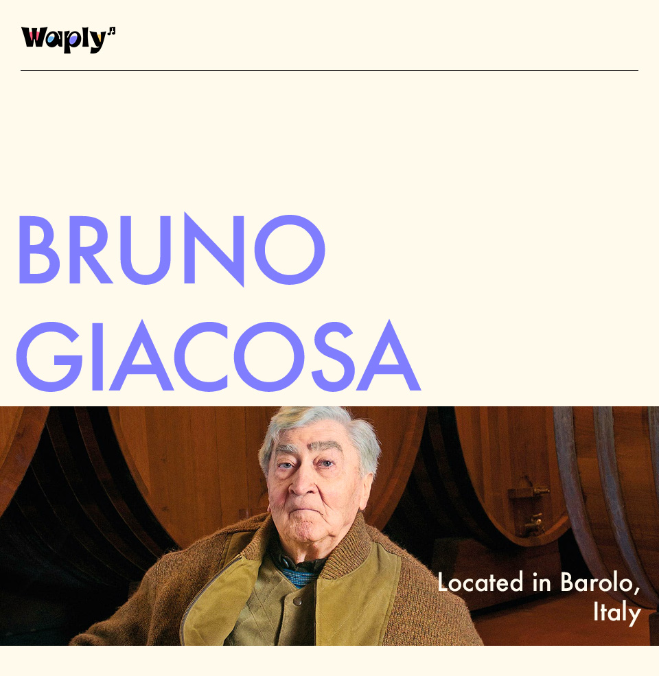 브루노 지아코사 (Bruno Giacosa) 와이너리의 창립자인 브루노 지아코사의 모습과 함께 와이너리 배경을 담은 이미지로, "Located in Barolo, Italy"라는 문구가 포함되어 있습니다.
