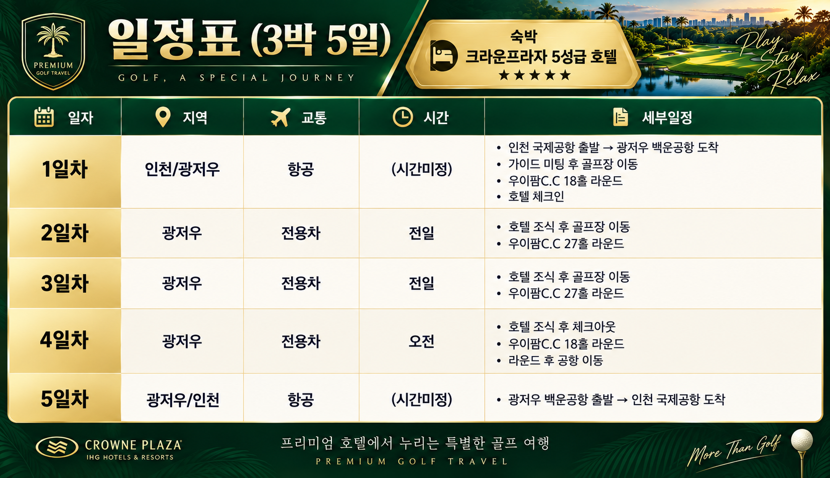 중국 광저우 강문 우이팜 골프 3박5일｜5성급 크라운플라자｜동계 골프여행