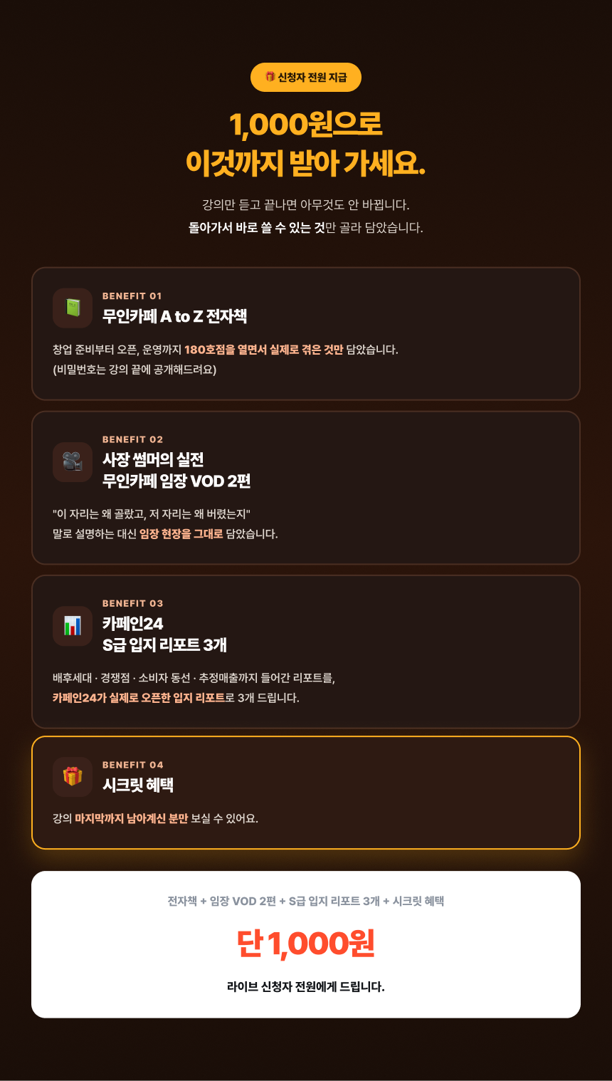 [1000원 강의] 무인카페 창업, 하루1시간으로 월250만원 만드는 방법