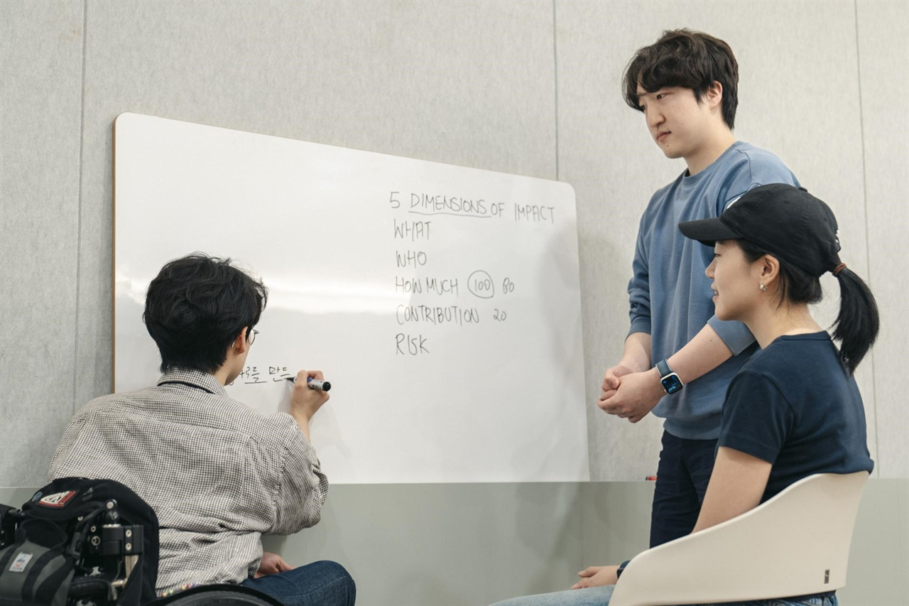 헤이그라운드 브릭스 성수 룸에 설치된 화이트보드헤이그라운드와 모임공간 브릭스에는 휠체어 이용자를 비롯한 장애 당사자들이 단순히 '참가자'일뿐 아니라 행사 기획이나 주최를 할 수 있다는 가정 하에 장애접근성 요소를 반영해 놓았다. 브릭스 성수에 설치되어 있는 낮은 눈높이의 화이트보드.